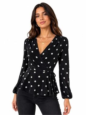 Monteau Los
Angeles Black White Polka Dot
Wrap Peplum Top Size M